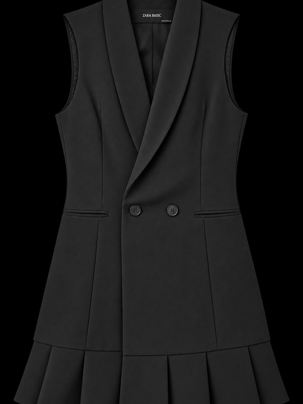 Zara Basic Black Double Breasted Pleated Hem Blazer Mini Dress